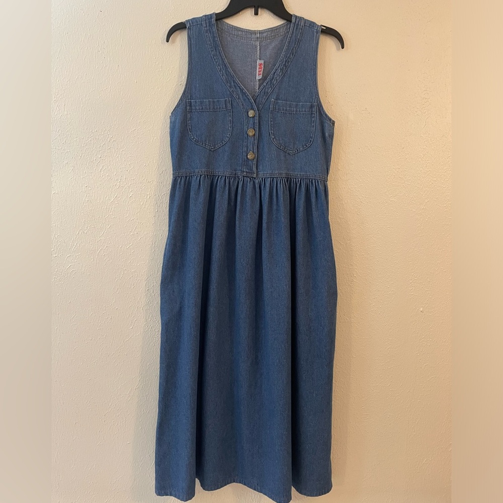 Vintage FADS blue denim sleeveless A-line V-neck jumper maxi pleated dress XS